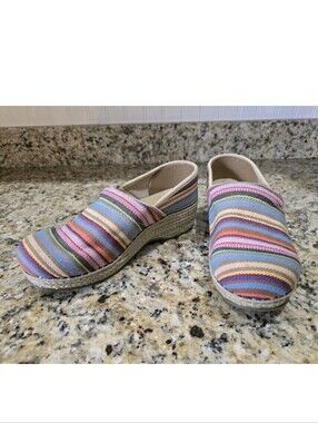 DANSKO Women's US 7 EUR 37 Rainbow Striped Canvas Vegan Clogs Platform Wicker